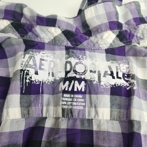 Aeropostale Purple Black White Plaid Long Sleeve Button-Up Flannel Men's Size M - Picture 4 of 6